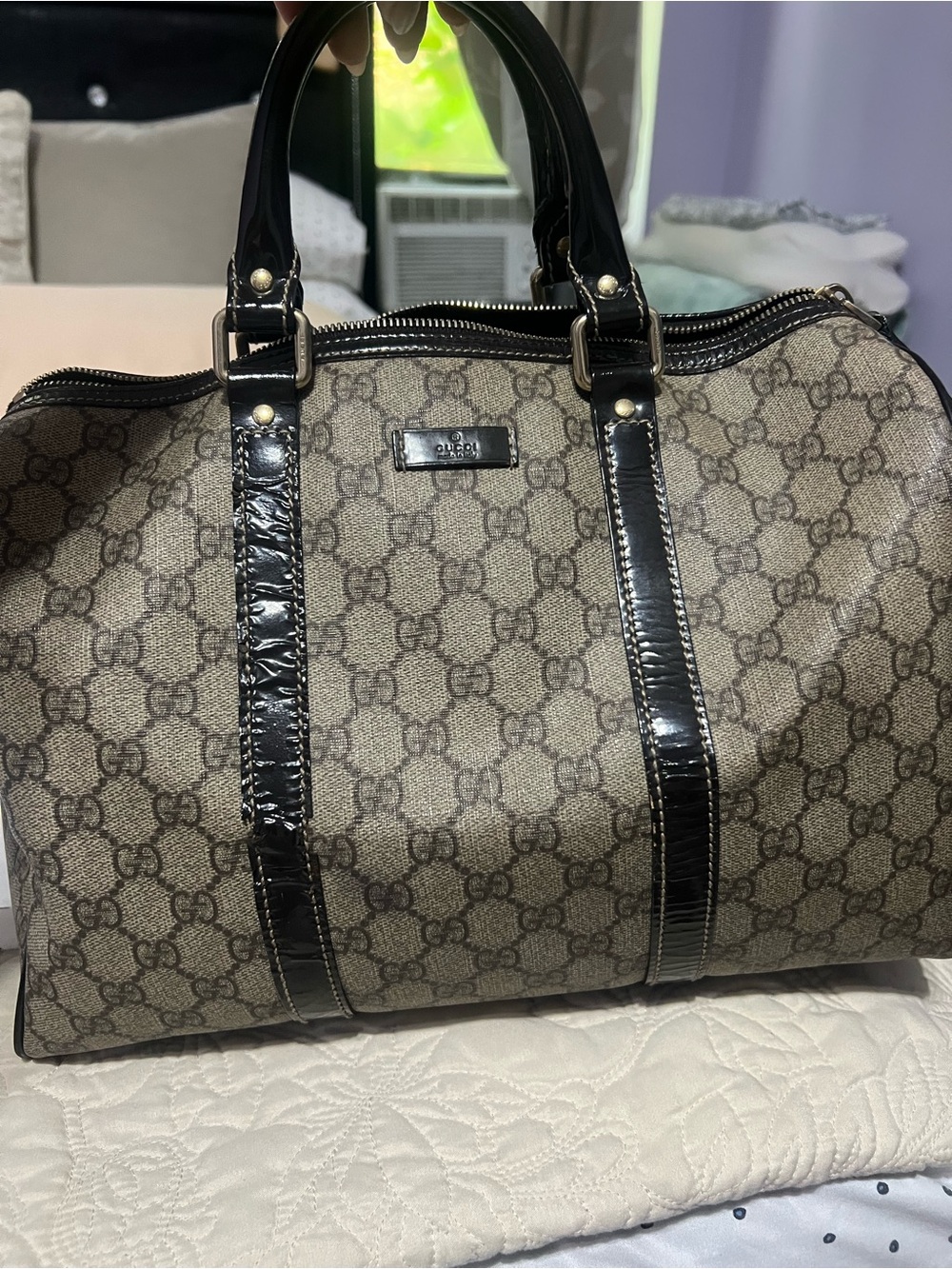 GUCCI Brown Monogram Satchel Bag with Black Patent Trim- vintage
